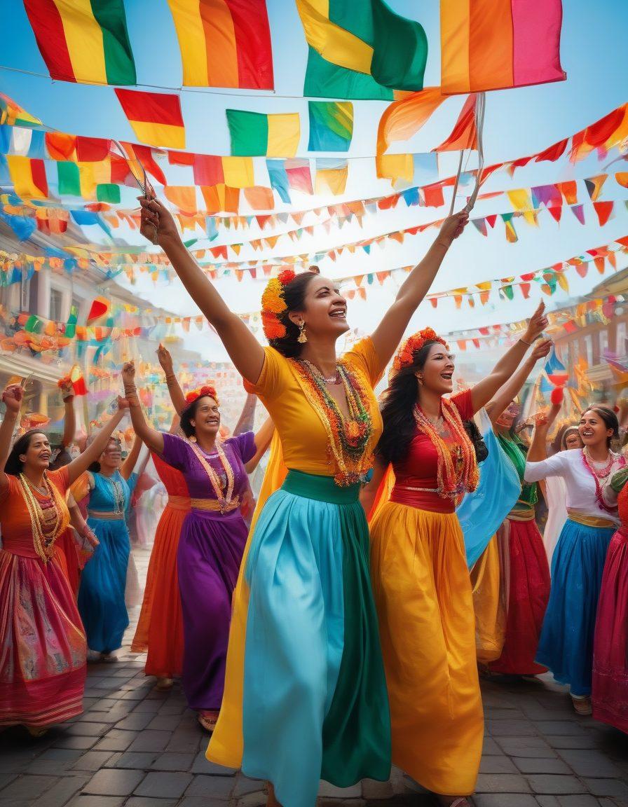 A lively scene depicting people of diverse backgrounds joyfully celebrating their national identity, with colorful flags waving, traditional costumes, and smiles all around. The backdrop features iconic national landmarks, decorated with flowers and lights. The atmosphere is filled with music and dance, portraying unity and pride. Bright and uplifting colors enhance the cheerful vibe of the scene. vibrant colors. super-realistic.