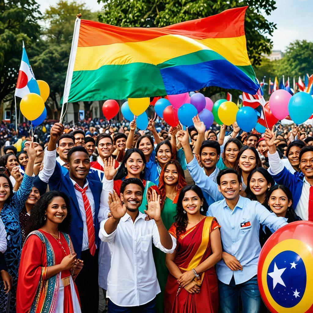 A diverse group of people from various cultural backgrounds joyfully waving a large national flag in a vibrant public space, with smiling faces and festive clothing, surrounded by colorful decorations and balloons. The scene captures the essence of unity and celebration, showcasing the beauty of togetherness and national pride. super-realistic. vibrant colors. dynamic atmosphere.